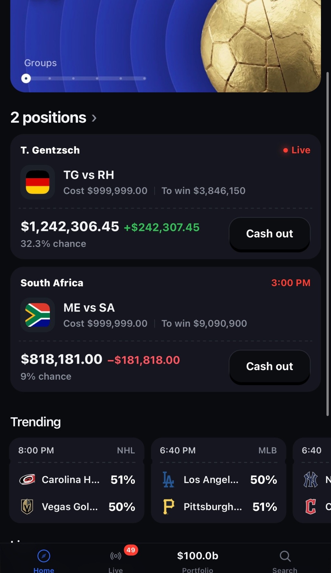Cash out screen — up $242k, down $181k, all imaginary.
