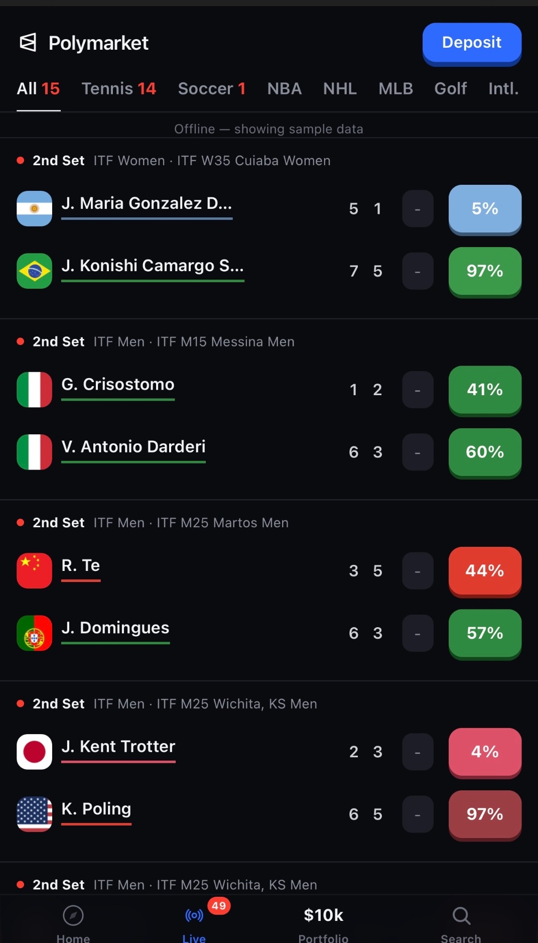 Live tab packed with 15 in-play matches.