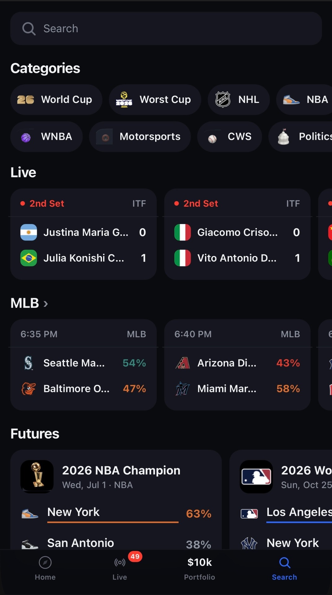 Search, categories, futures — every screen covered.